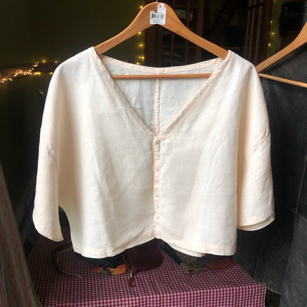 100% Linen Boxy Cropped Short Sleeve Top - Handmade - Picture 2 of 7